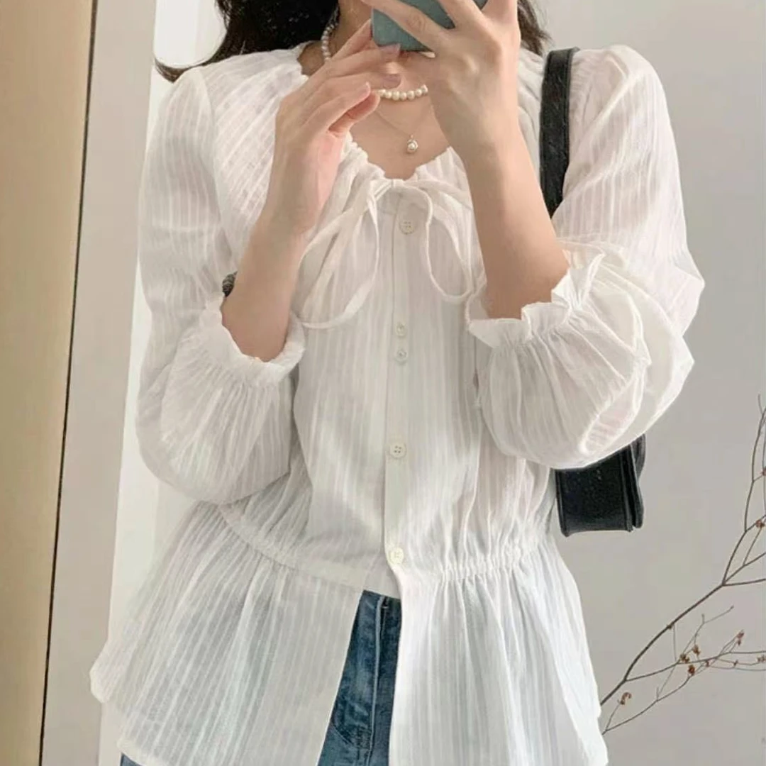 设计感系带白色长袖衬衫女2025春夏新款韩版显瘦百搭白月光衬衣
