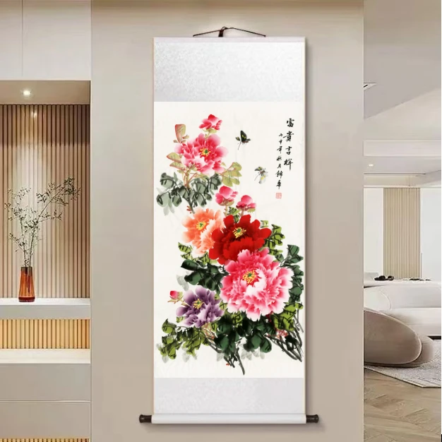 【牡丹·富贵吉祥】140*45新中式竖幅实木卷轴挂画客厅书房茶室挂画