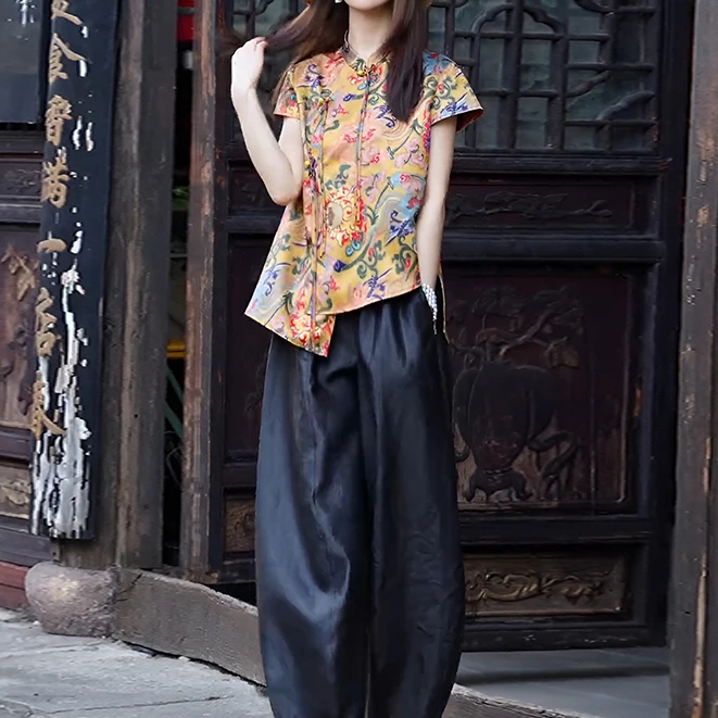 2025新中式国风套装夏季大码斜襟衬衫阔腿裤气质减龄高级两件套
