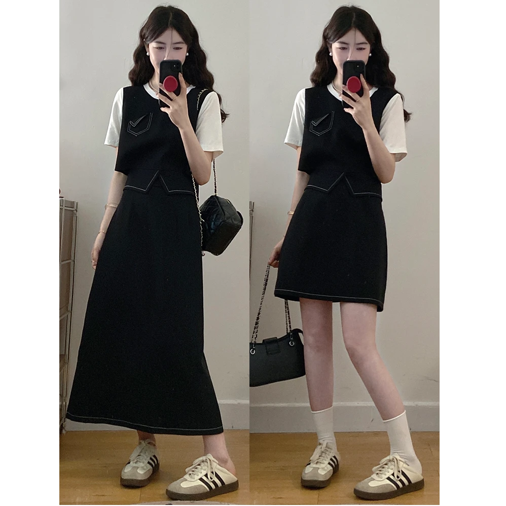 大码【睿智老钱】立体版型明线设计假两件T恤+高腰显瘦半身裙两件套