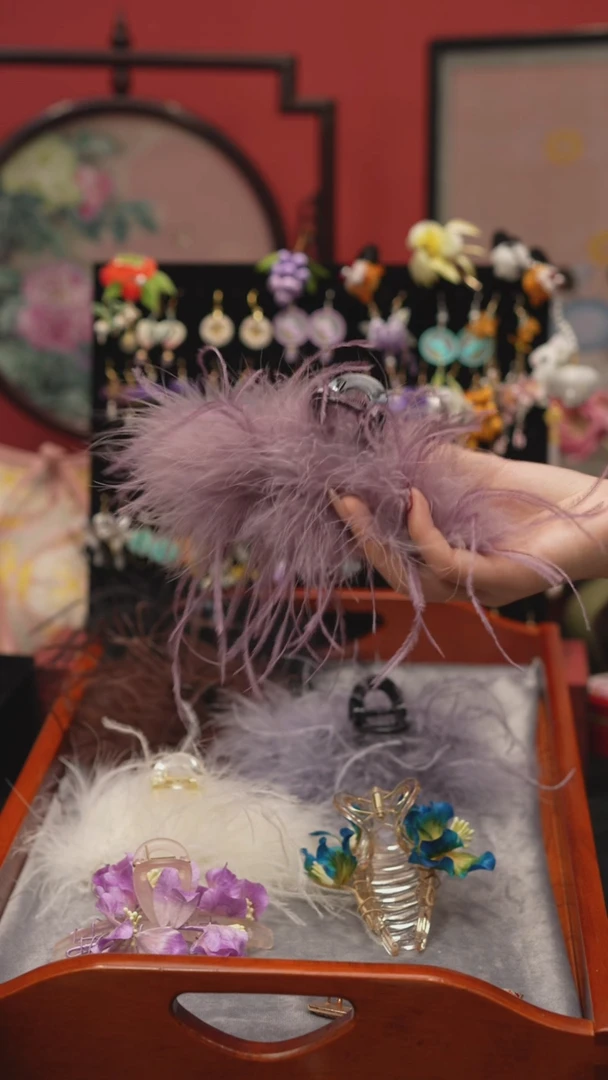 刺绣非遗绒花手工饰品 粉紫色13厘米抓夹