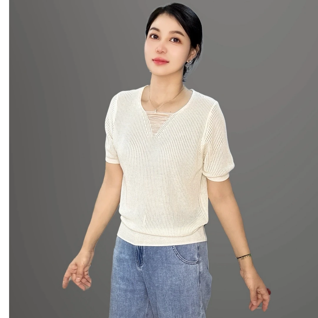 春夏新款2025针织短袖衫圆领百搭气质显瘦上衣轻薄镂空洋气短款女