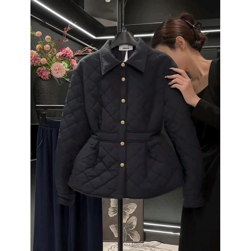 8029秋冬新款韩版洋气百搭菱形格棉服女收腰显瘦气质时尚棉袄外套