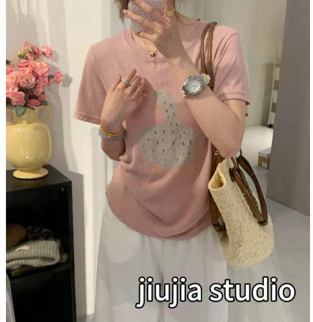 九佳 【达克】云感雪花肤感宽松搞怪大鹅印花T 显瘦短袖T恤