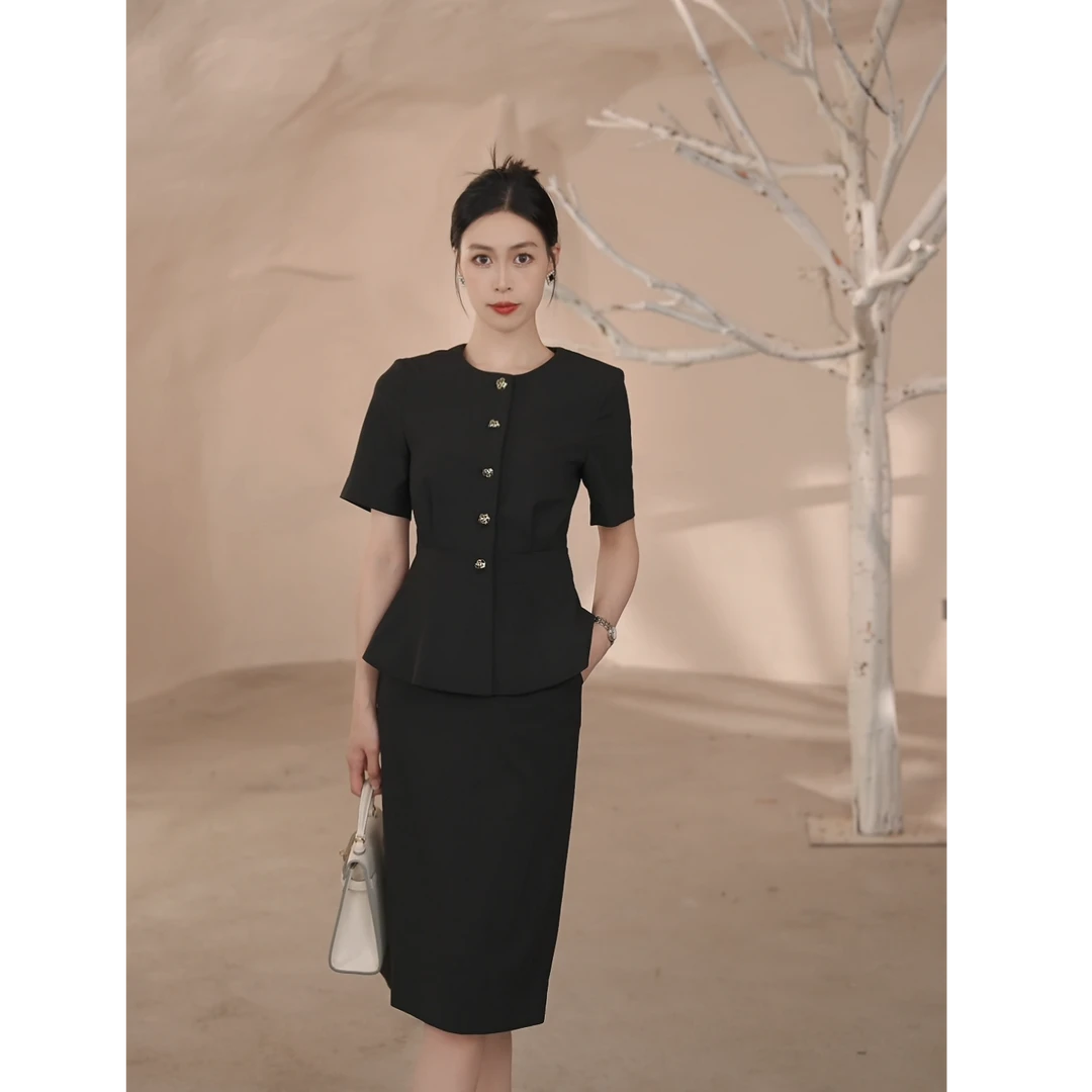 艾尚夏季职业装黑色短袖职业女裙套装修身显瘦复古气质轻奢女神范