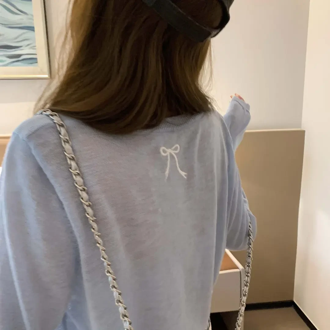 【CHIJIAN 织间】蝴蝶结刺绣红色防晒针织衫女春夏薄款冰丝空调衫