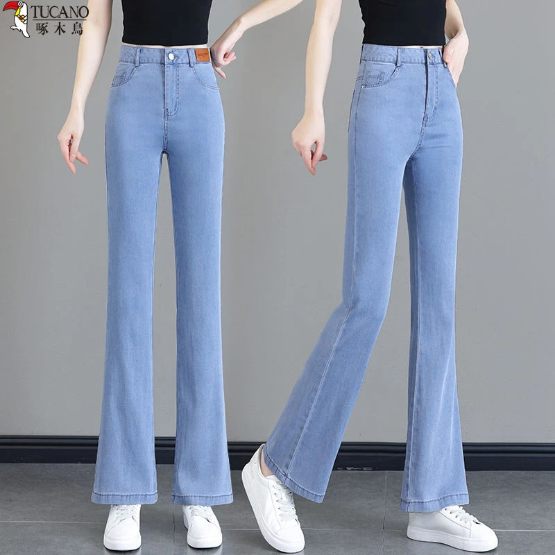 啄木鸟品牌天丝薄款小个子显高牛仔微喇裤2025夏季显瘦百搭喇叭裤