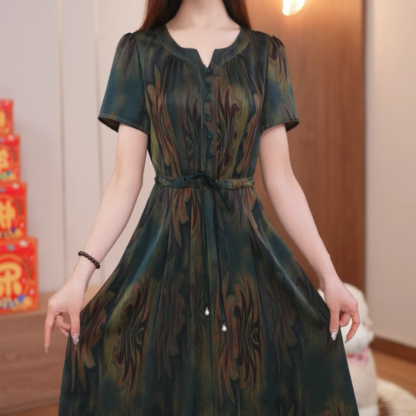 【视频专享】桑蚕丝裙子女春季2025新款连衣裙真丝国风中式显瘦