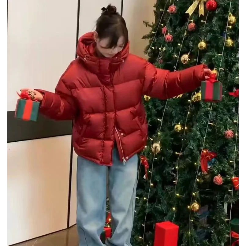 新款车厘子红色冬季保暖御寒连帽外套