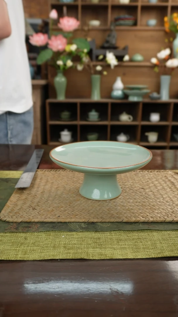 陶瓷一件包邮透青色圆满高足果盘18cm