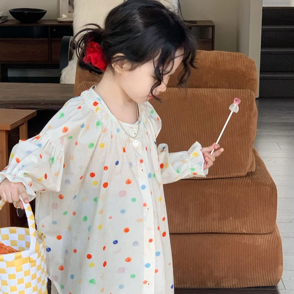 小言-2025春季新款女童宽松休闲长袖衬衣洋气彩色圆点中长款衬衫