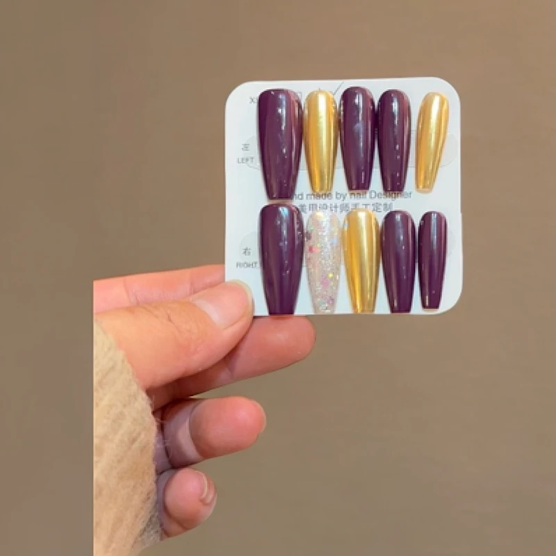 网红甜酷风流行色手工穿戴甲紫色香槟金镜面指甲油纯色胶美甲贴片
