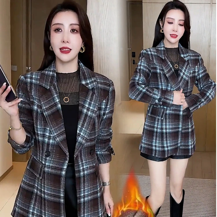 加绒加厚格子毛呢外套女2025冬新款时尚洋气百搭女装西装呢子大衣