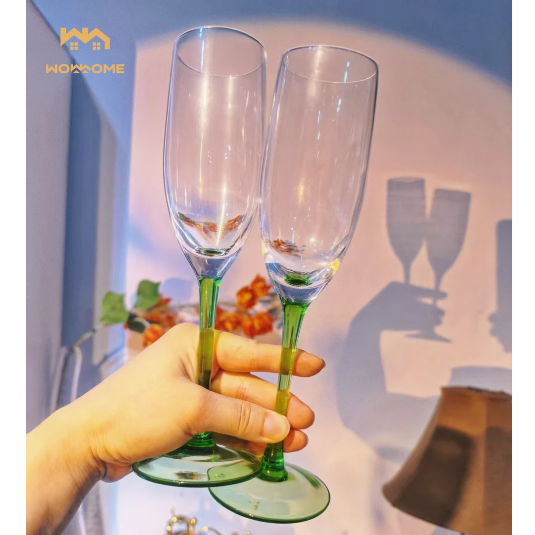 2只水晶玻璃绿色杯杆香槟杯人工吹制轻奢意大利极简风鸡尾酒杯