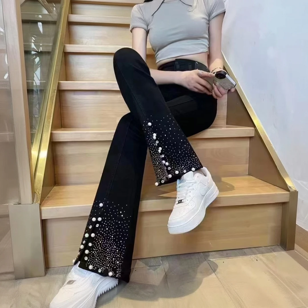88192大码女装2025秋季新款爆款早秋薄款珍珠烫钻微喇裤