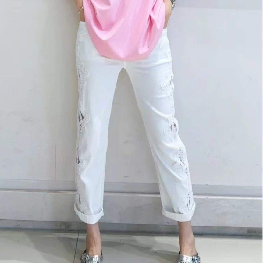 迷巧时尚新款女直筒裤长裤九分裤牛仔裤休闲裤夏季常规拼接薄款