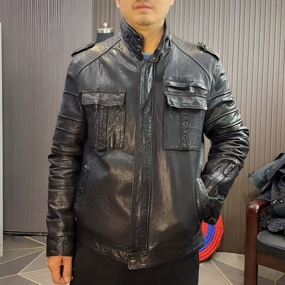 真皮皮衣黑色男款绵羊半脂水洗皮立领修身机车皮夹克休闲潮流外套