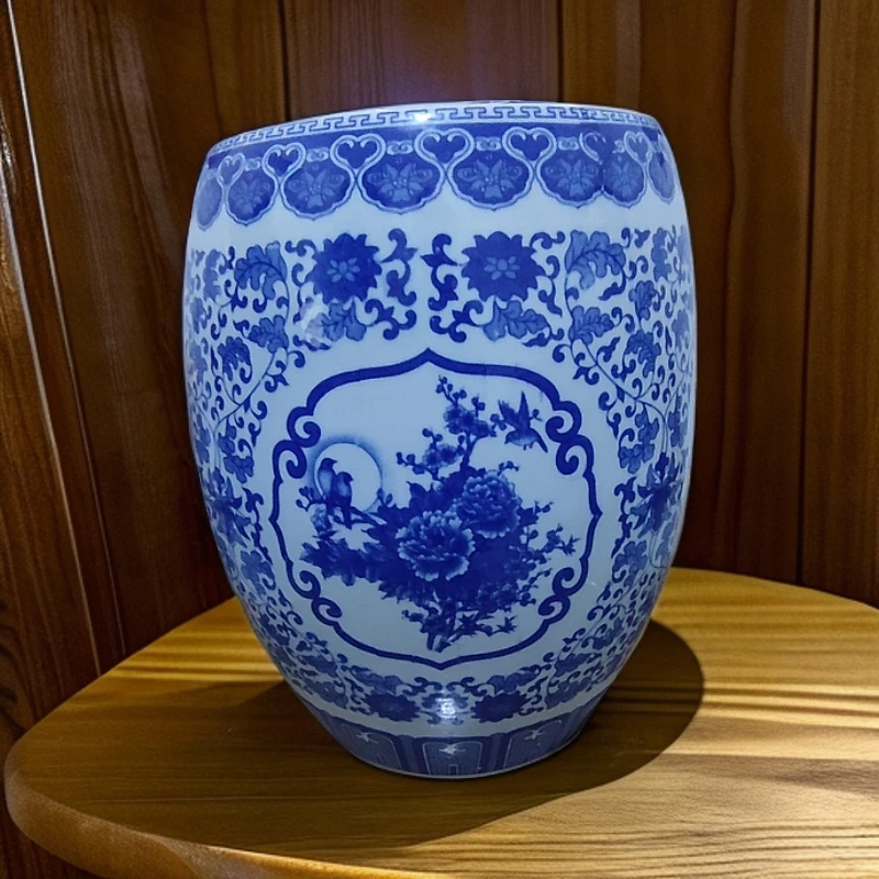 当代 高度27口径17景德镇陶瓷青花四面开窗10斤米缸245