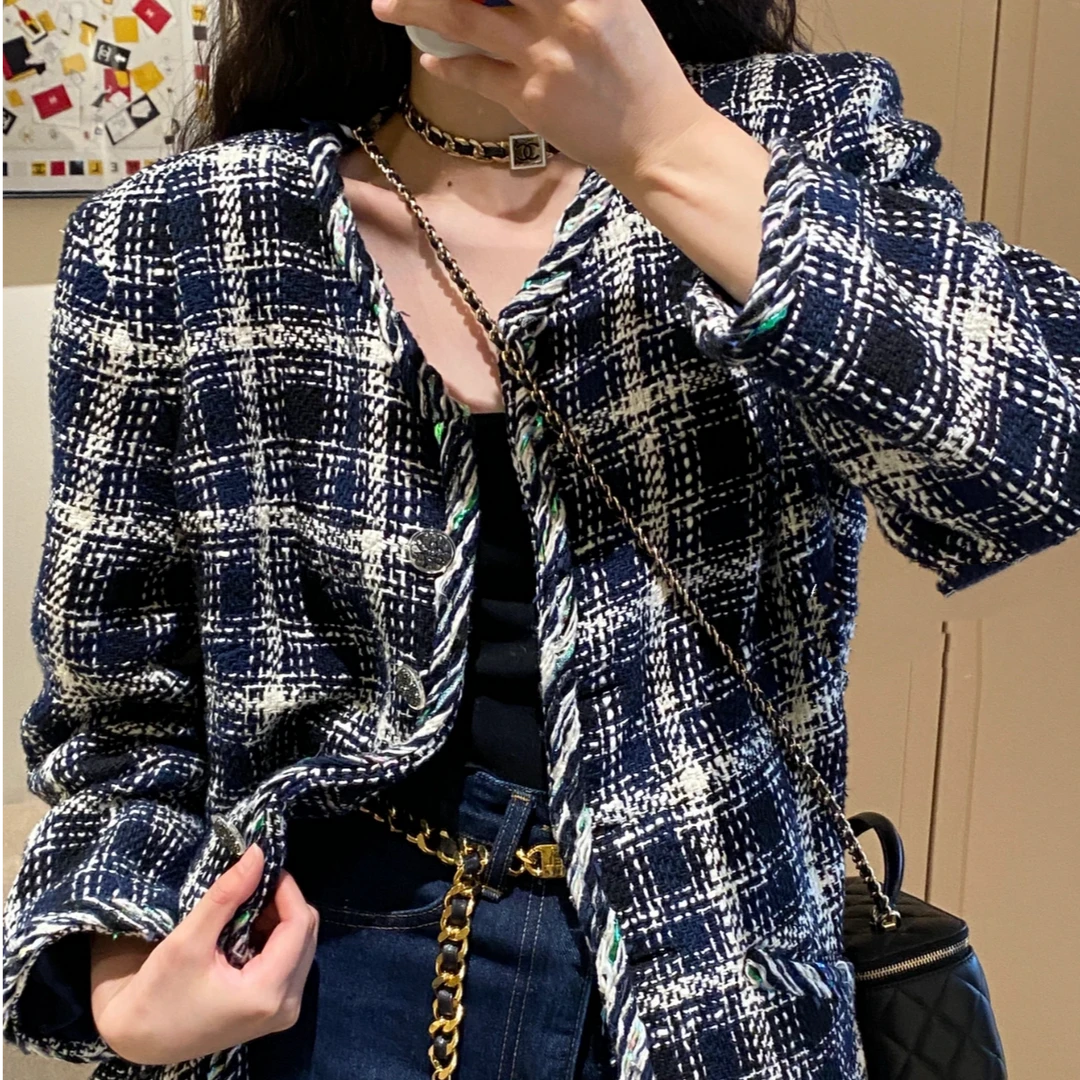 99新 Chanel/香奈儿 40码18S春夏瀑布系列蓝白格纹编织滚边外套