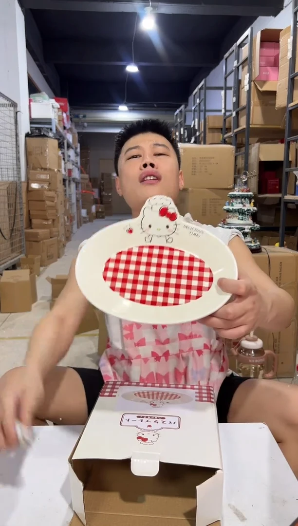 瓷片原盒kt猫红格子餐盘