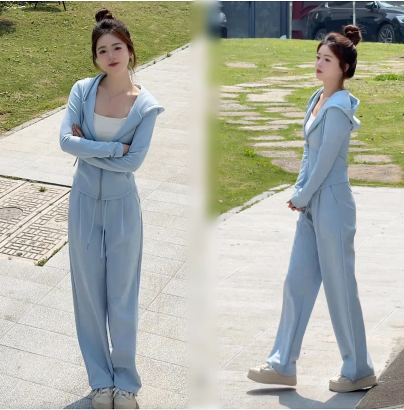 欧若风春秋薄款空气棉气质休闲显瘦韩版时尚运动连帽套装#0325