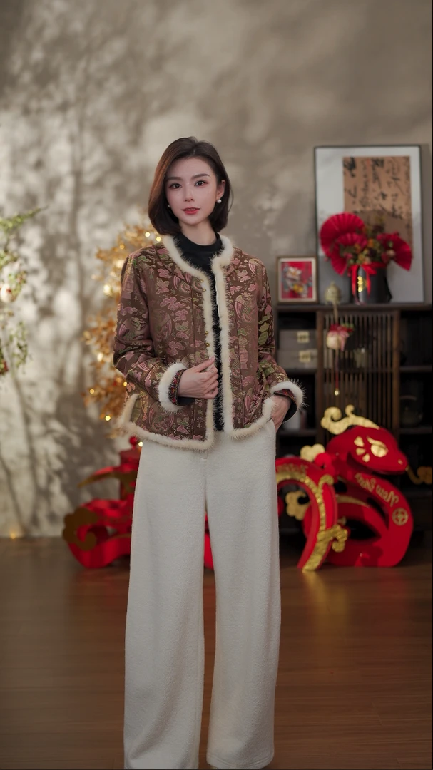 GONG QUE【锦绣】新中式宋锦圆领拼貂毛长袖外套 242544