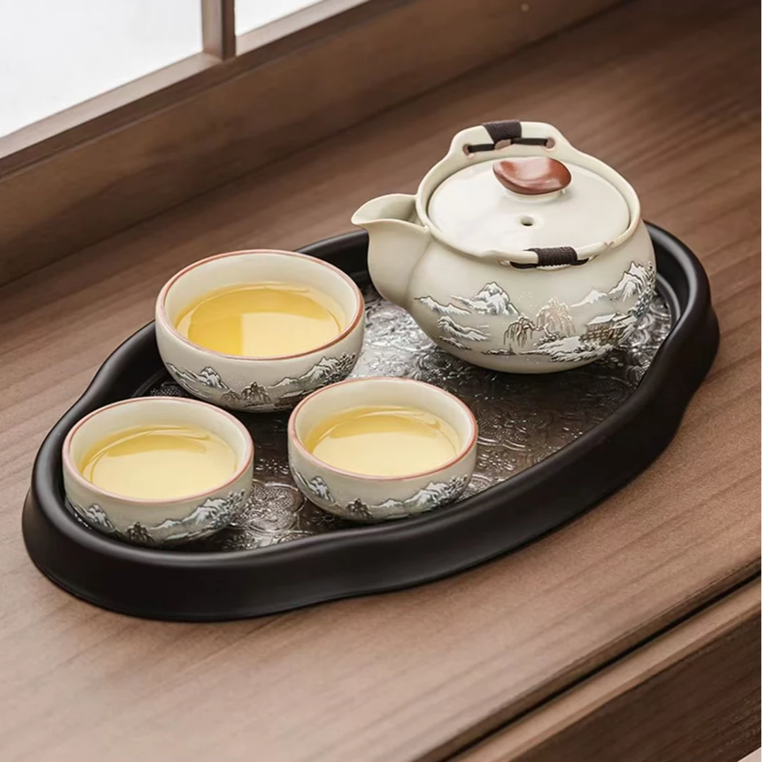 雪景快客陶瓷汝窑手抓壶盖碗茶杯一壶三杯防烫KK0840大德