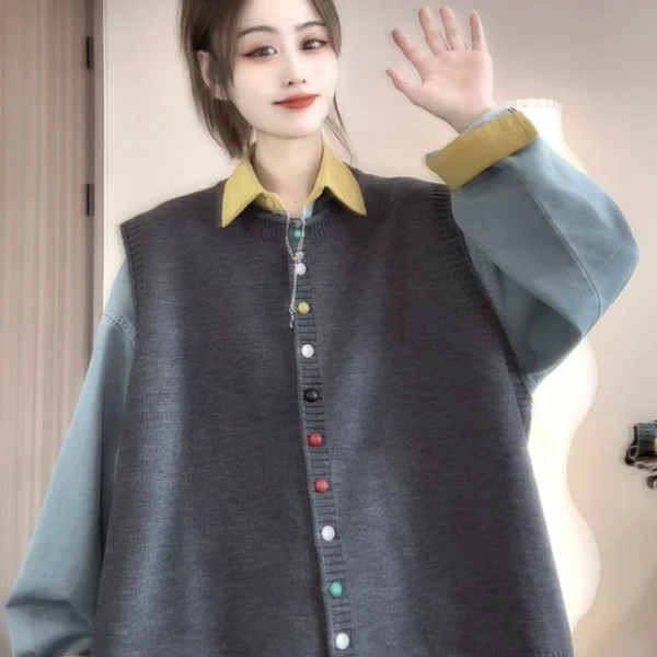 柚柚酱新款休闲百搭时尚宽松彩色扣卷边马甲