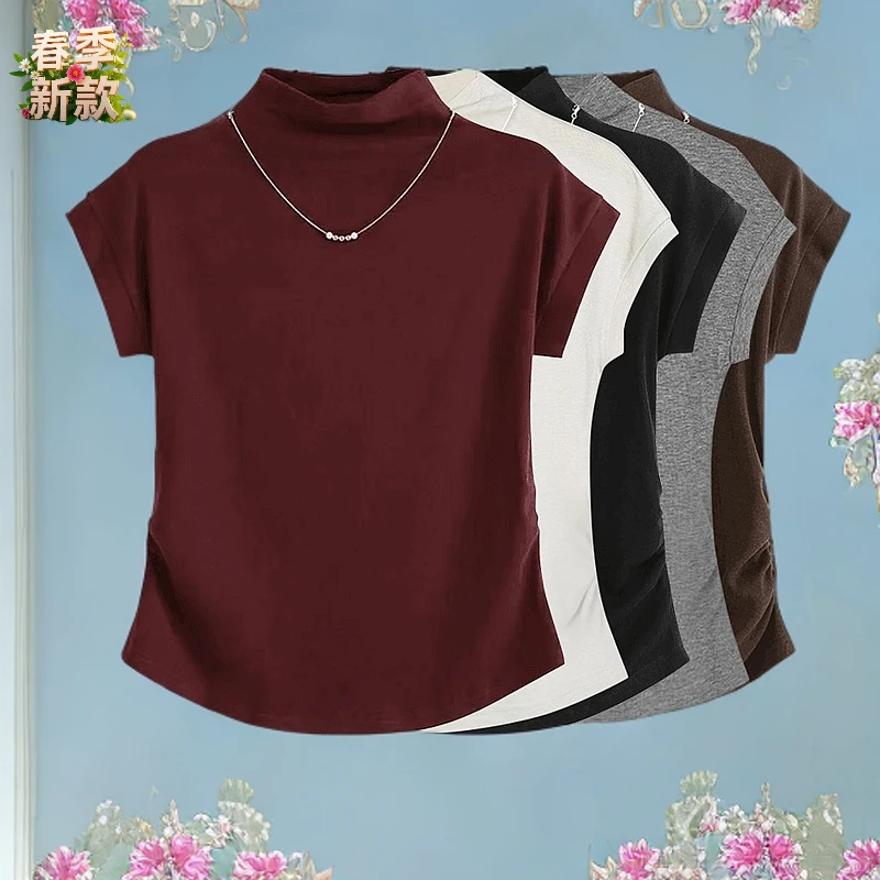 【JW】2025女装新款上衣半高领女士t恤 女短袖秋季气质正肩飞袖收腰