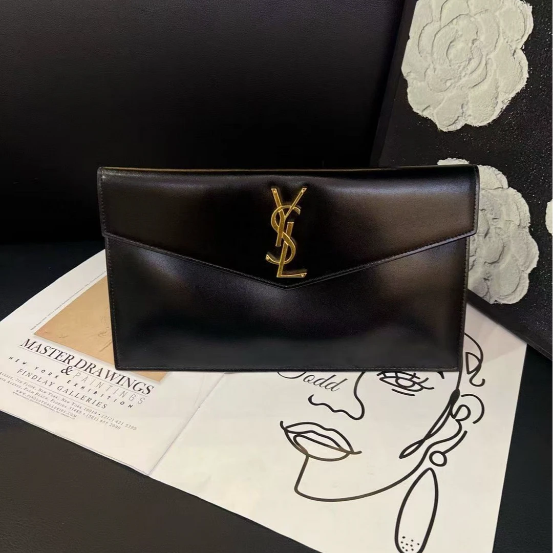 95新 YSL/圣罗兰 黑金uptown信封手拿包B5321