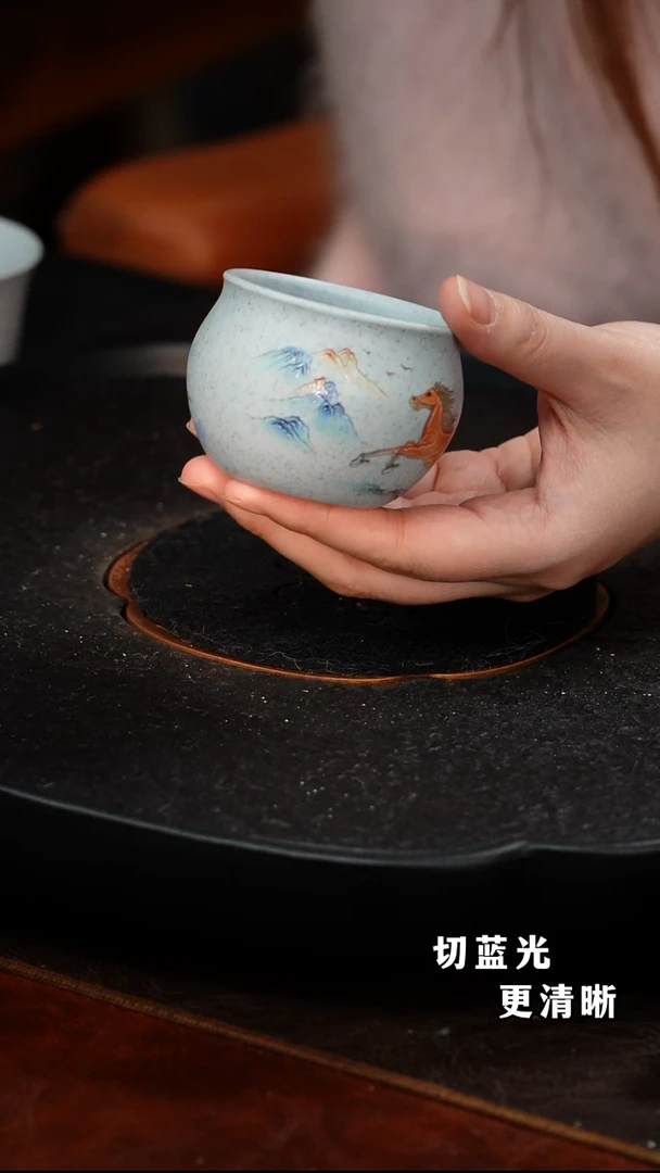 茶壶紫砂海蓝段墨绘马主人杯3 XJ 100毫升