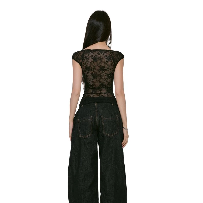 艺等黑色大方领时尚系带镂空修身显瘦辣妹蕾丝拼接短袖T恤女上衣