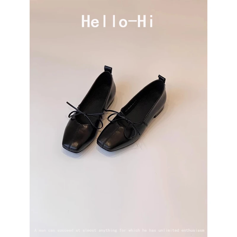 羊皮版~百搭蝴蝶结系带单鞋女一脚蹬平底鞋方头浅口舒适芭蕾舞鞋