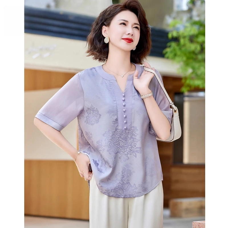 妈妈夏装短袖小衫端庄大气中老年人女装夏季上衣高贵套装2025新款