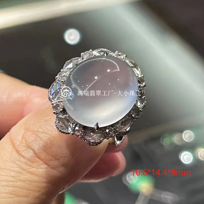 大小珠宝玻璃种冰白天然翡翠蛋面女戒送礼冰透起光玻璃白翡翠戒指