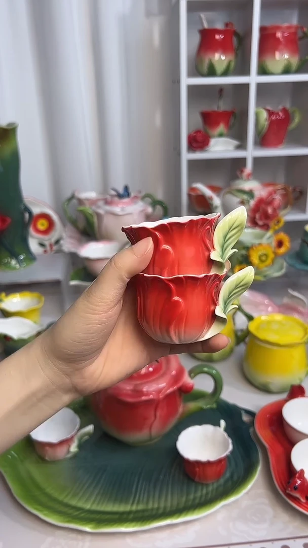 瓷红色牡丹茶杯【2个】