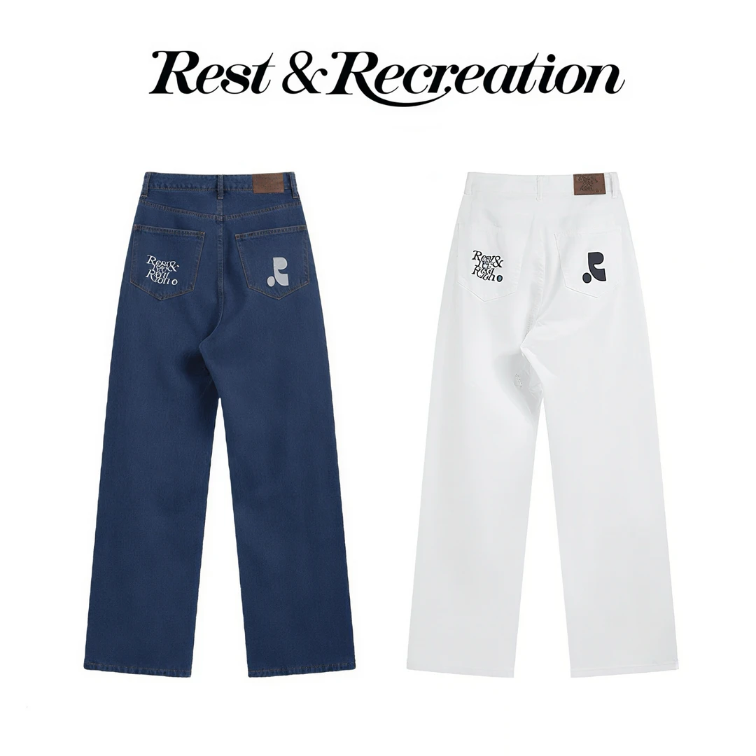 韩国restandrecreation牛仔裤rr休闲运动宽松直筒工印花时尚装裤