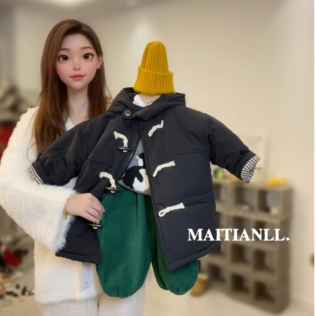 2024儿童冬款童装男女童加厚夹棉牛角扣连帽男童棉衣中长款外套