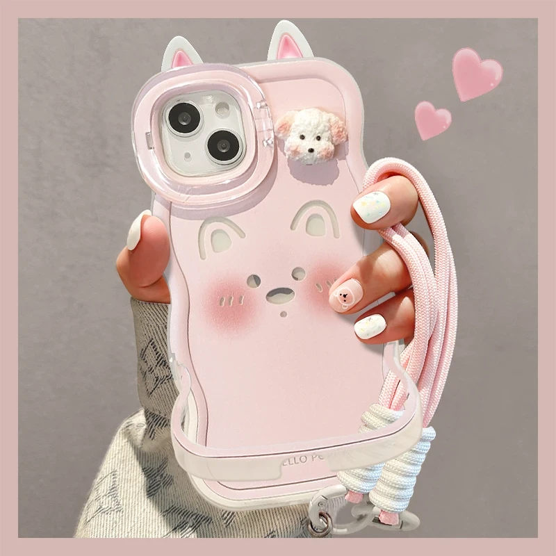 脸红小狗猫耳朵双支架适用iPhone16promax手机壳华为oppo小米vivo