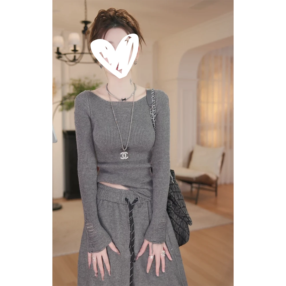 秋冬新款设计感毛针织衫修身显瘦长袖打底衫简约气质复古C6538