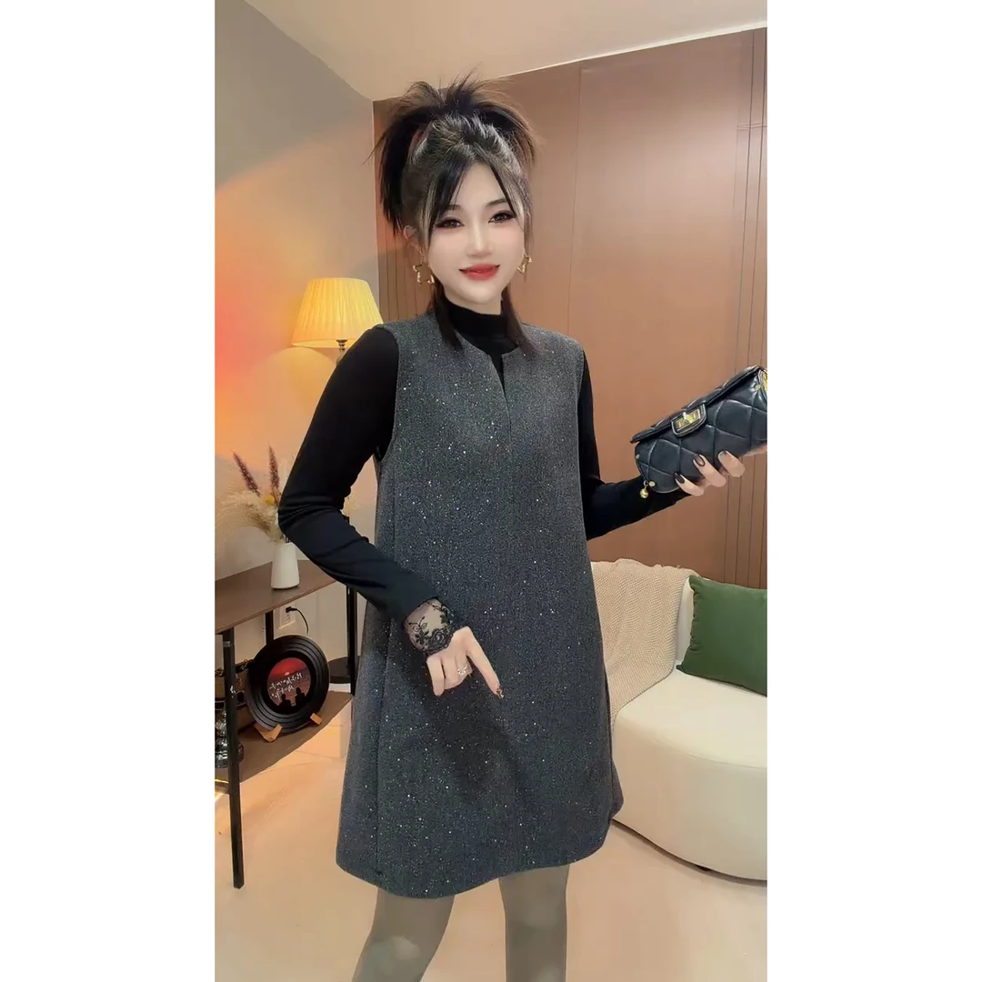 高级小香风秋冬连衣裙冬季中长款女毛呢背心裙时尚百搭打底衫套装