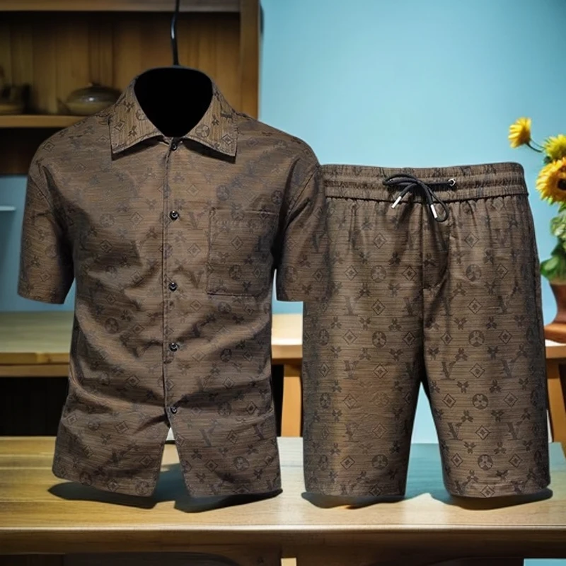 维斯克纳夏季新款印花衬衫男士休闲短袖套装两件套短裤潮牌一套