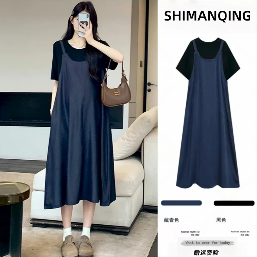 孕妇装2025夏季新款潮韩版宽松大码假两件拼接时尚洋气孕妇连衣裙