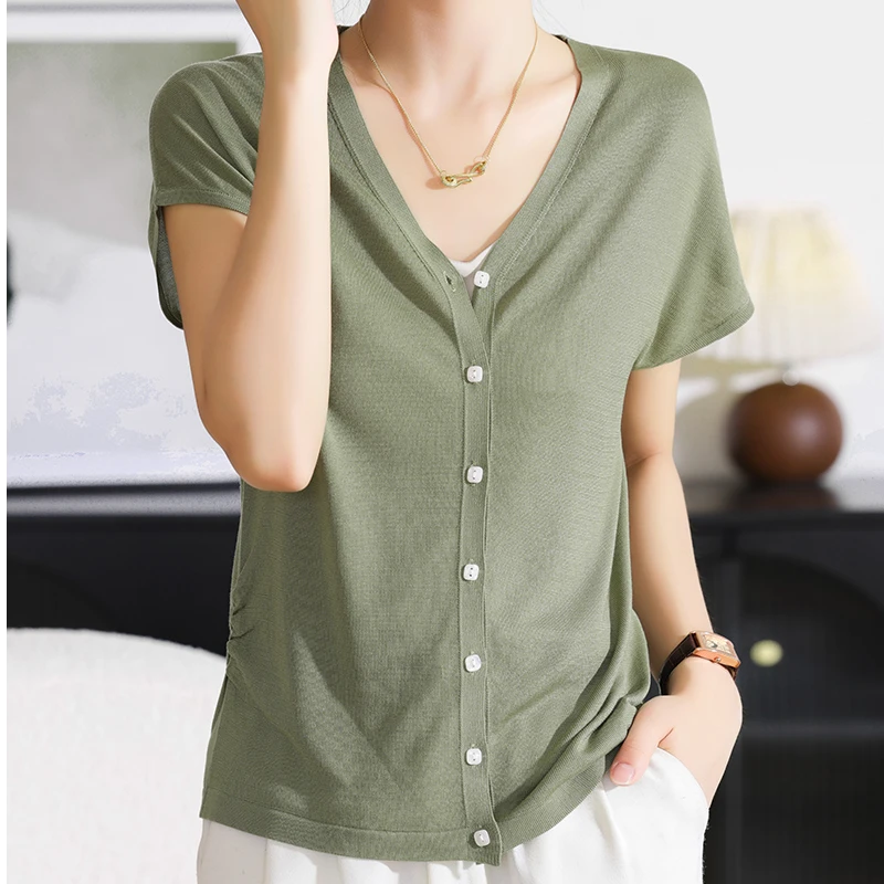 飞袖V领开衫女士100%莱赛尔天丝薄款针织外套百搭显瘦宽松包肩袖