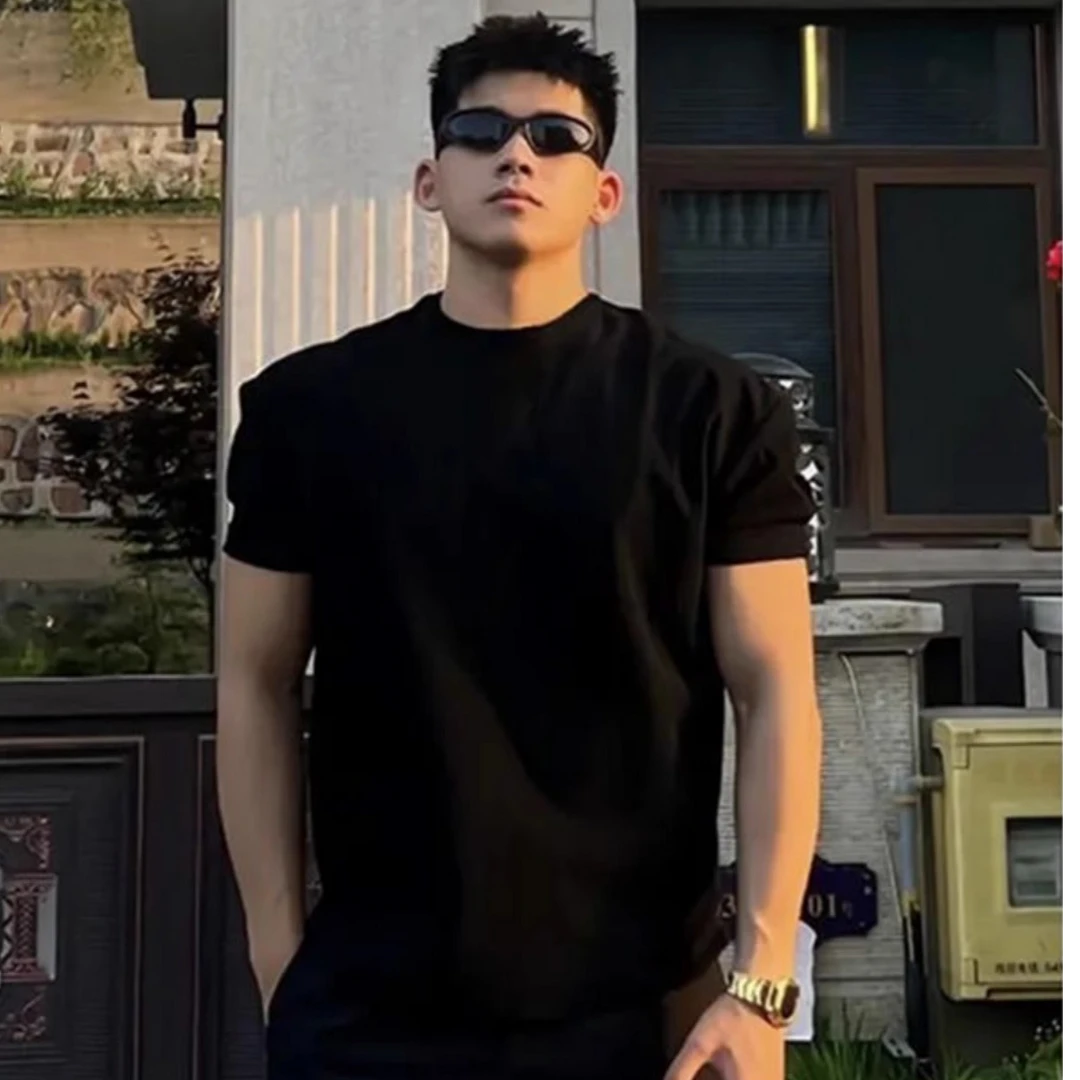 黑色正肩纯棉t恤男cleanfit短袖美式宽松小领口衣服重磅内搭半袖