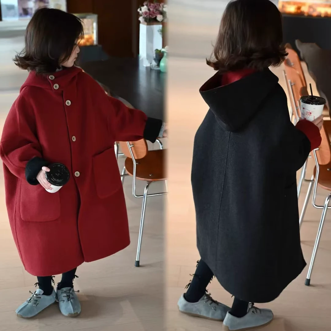 【亲子款新年战袍】冬季女童男童中长款连帽双面两穿绵羊毛大衣