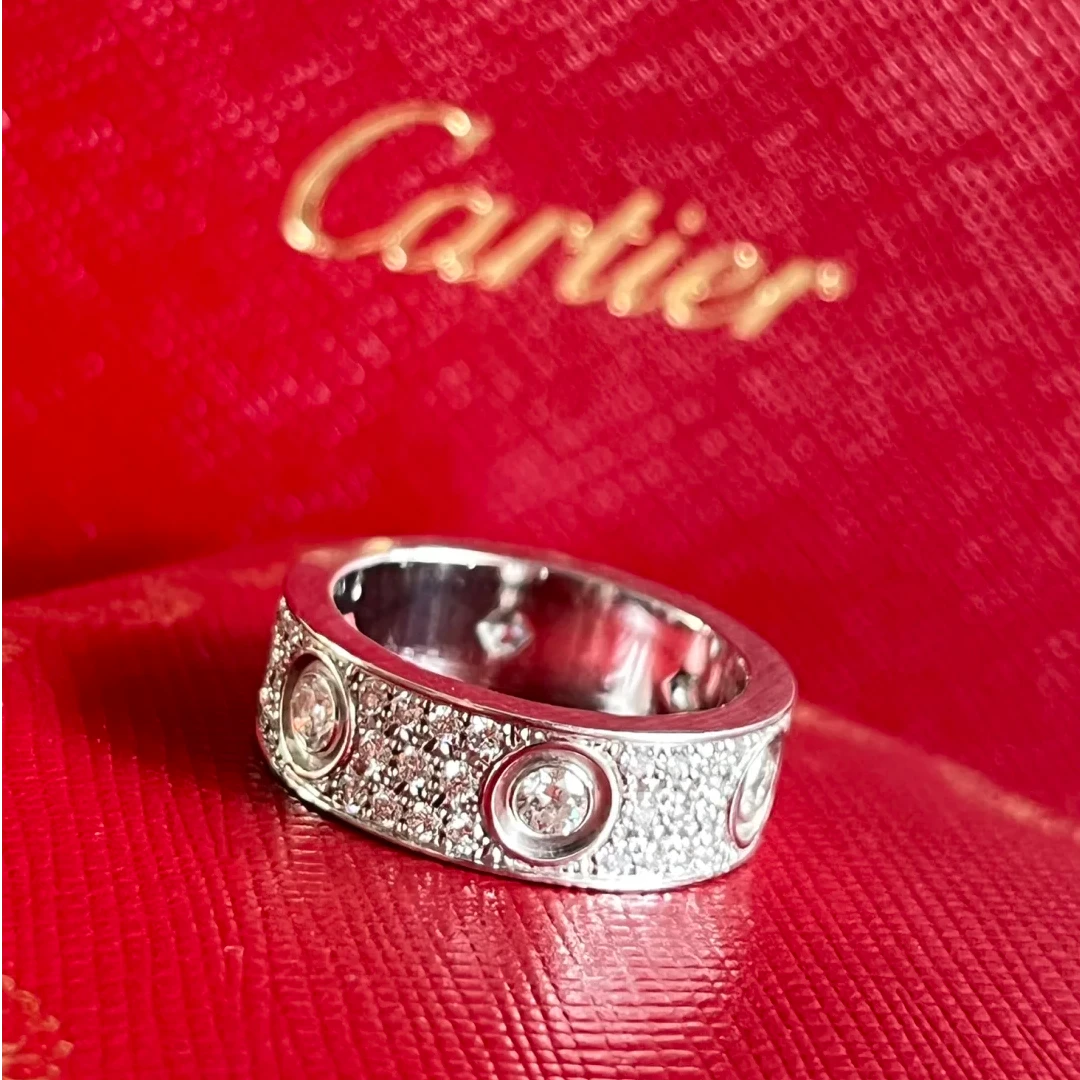 99新 Cartier/卡地亚 小花6珊 love系列宽版爆钻满钻戒指 54 白金