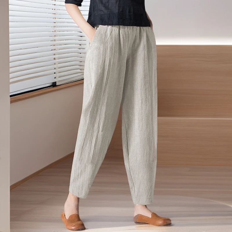 清仓捡漏棉麻妈妈九分裤女宽松大码哈伦裤透气显瘦长裤高腰休闲裤