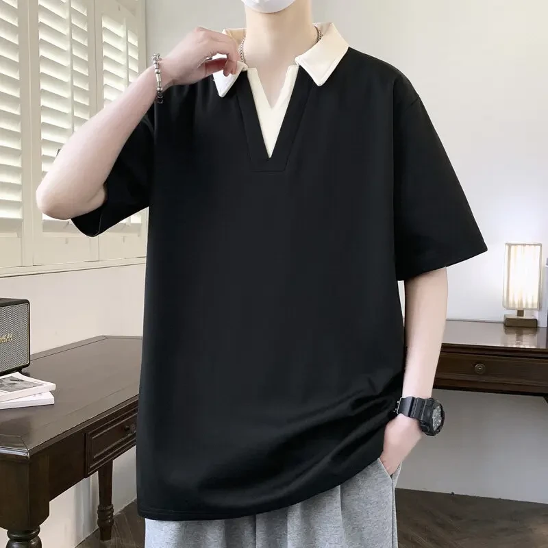 港风假两件短袖t恤男夏季休闲宽松大码V领百搭半袖翻领痞帅体恤衫