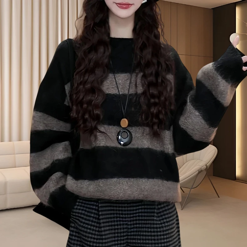 潮流休闲服条纹圆领针织套头款长袖毛针织衫百搭秋冬上衣毛衣